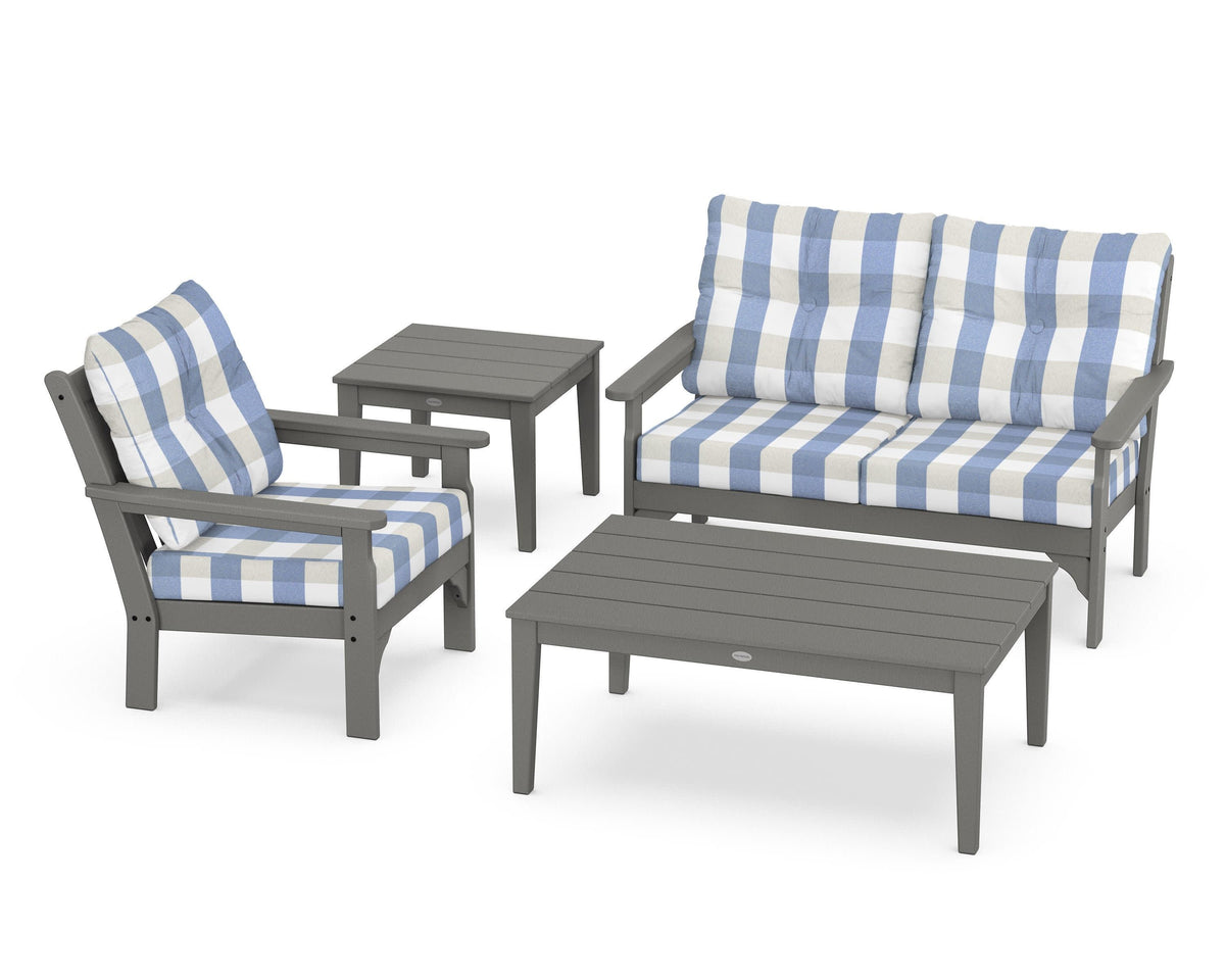POLYWOOD Vineyard 4-Piece Deep Seating Set in Slate Grey / Buffalo Plaid Sky Blue