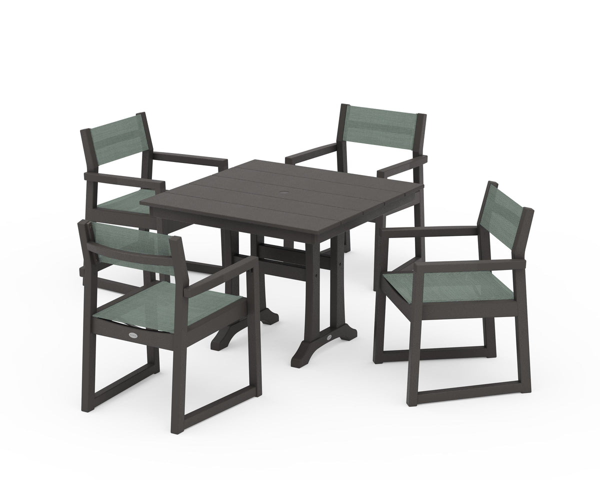 POLYWOOD EDGE Sling 5-Piece Farmhouse Dining Set with Trestle Legs in Vintage Coffee / Dupioni Sea Mist