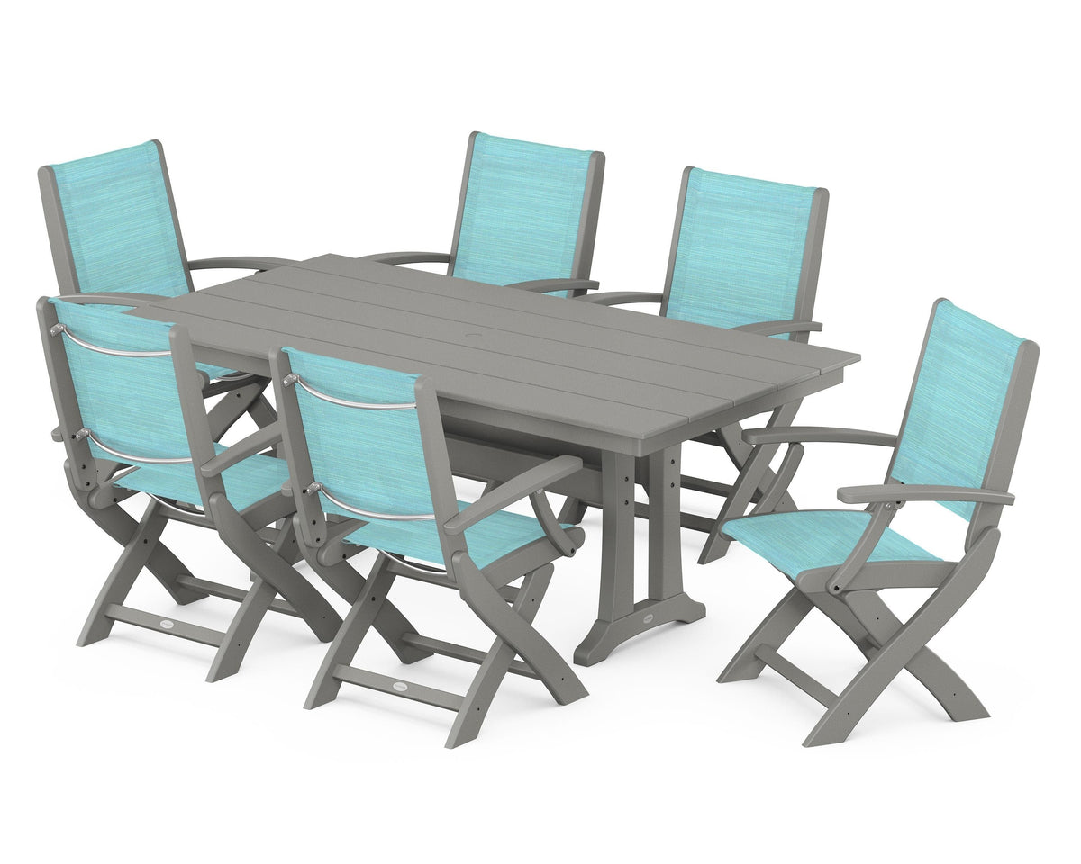 POLYWOOD Coastal Folding Arm Chair 7-Piece Farmhouse Dining Set with Trestle Legs in Slate Grey / Dupioni Aquamarine
