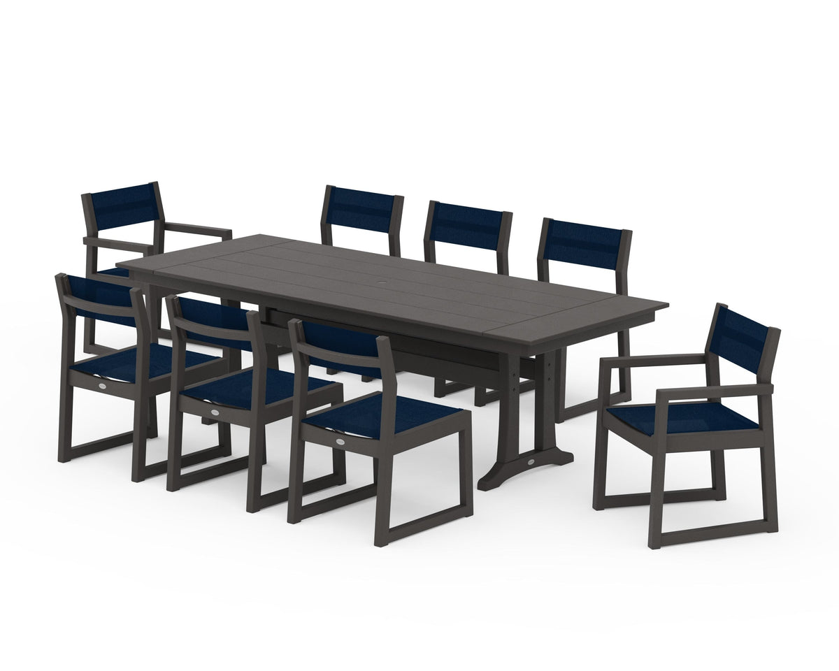 POLYWOOD EDGE Sling 9-Piece Farmhouse Trestle Dining Set in Vintage Coffee / Navy Blue
