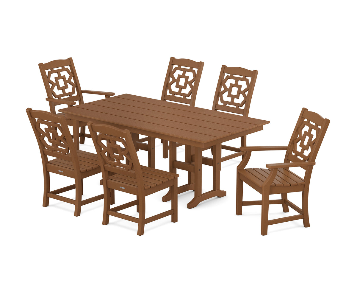 POLYWOOD Chinoiserie 7-Piece Farmhouse Dining Set in Teak