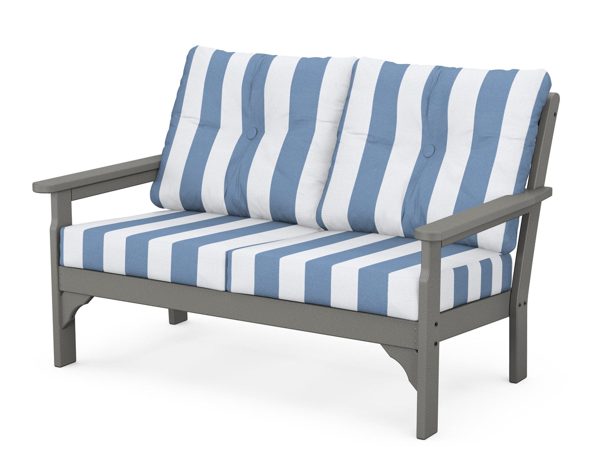 POLYWOOD Vineyard Deep Seating Loveseat in Slate Grey / Cabana Stripe Sky Blue