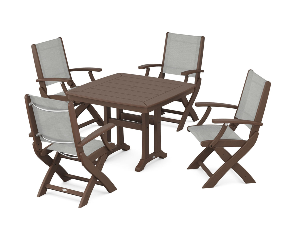 POLYWOOD Coastal Folding Chair 5-Piece Dining Set with Trestle Legs in Mahogany / Metallic