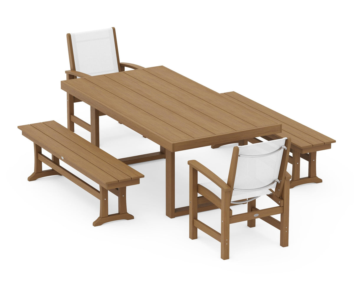 POLYWOOD Coastal 5-Piece Dining Set with Trestle Legs with EDGE 40" x 78" Dining Table in Natural / White