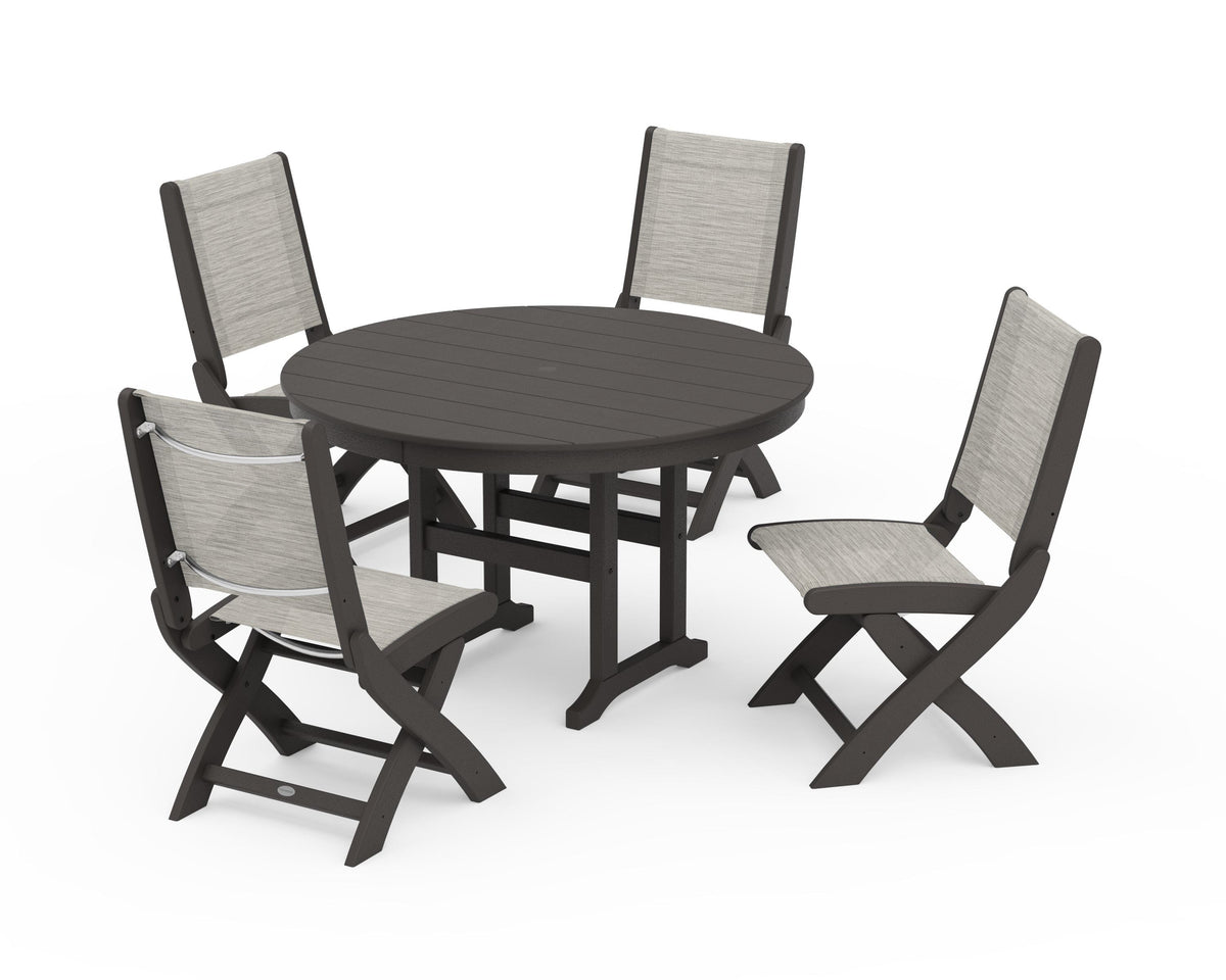 POLYWOOD Coastal Folding Side Chair 5-Piece Round Dining Set in Vintage Coffee / Birch