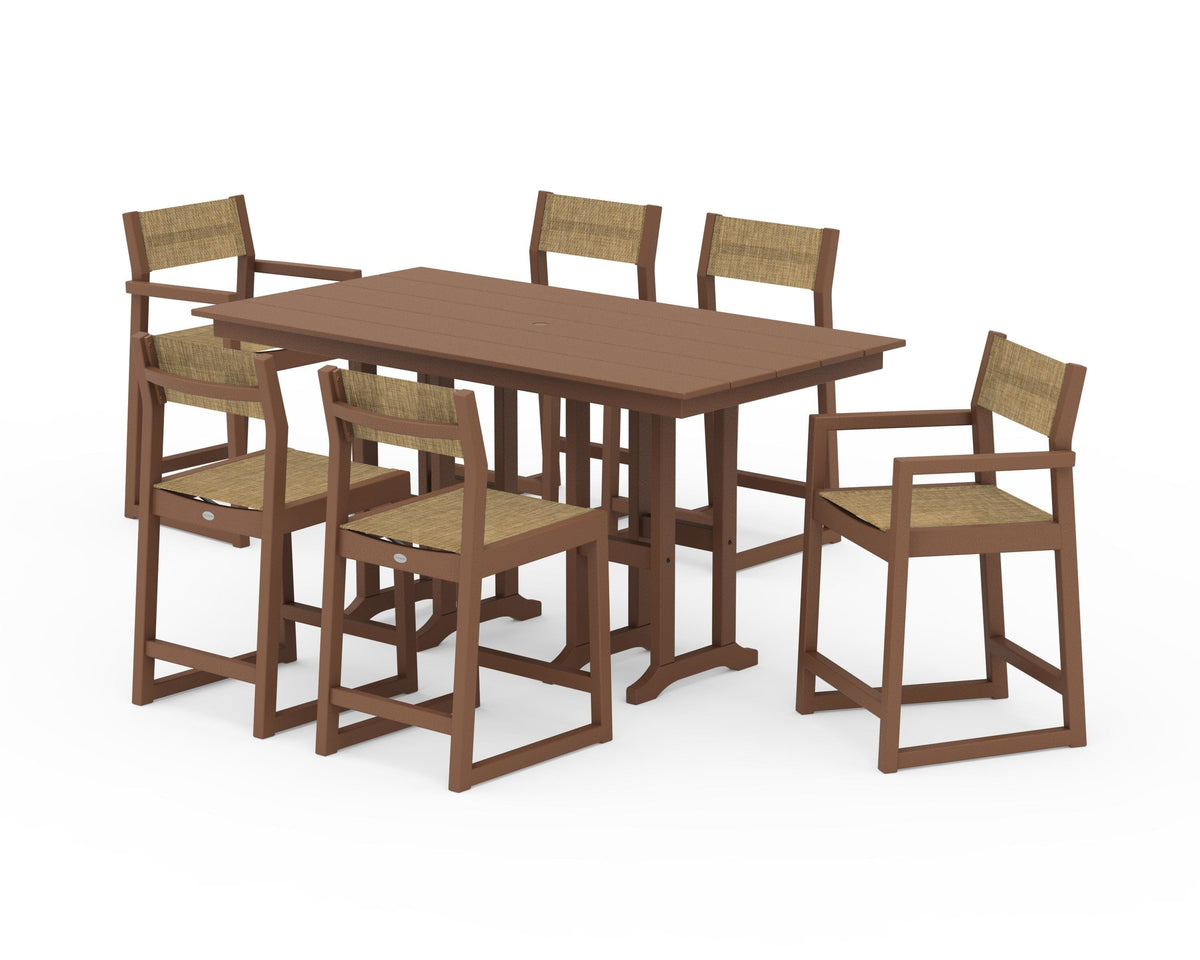 POLYWOOD EDGE Sling 7-Piece Farmhouse Counter Set with Trestle Legs in Teak / Burlap
