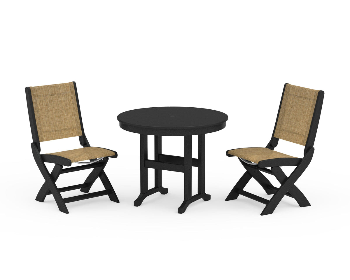 POLYWOOD Coastal Folding Side Chair 3-Piece Round Dining Set in Black / Burlap