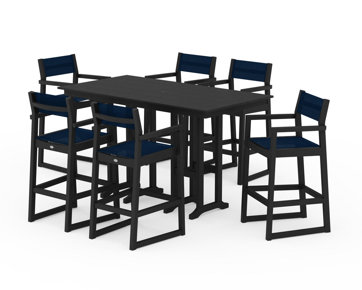 POLYWOOD EDGE Sling Arm Chair 7-Piece Farmhouse Bar Set in Black / Navy Blue