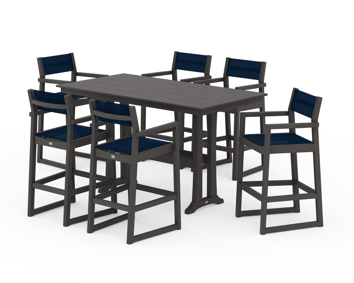 POLYWOOD EDGE Sling Arm Chair 7-Piece Farmhouse Bar Set with Trestle Legs in Vintage Coffee / Navy Blue