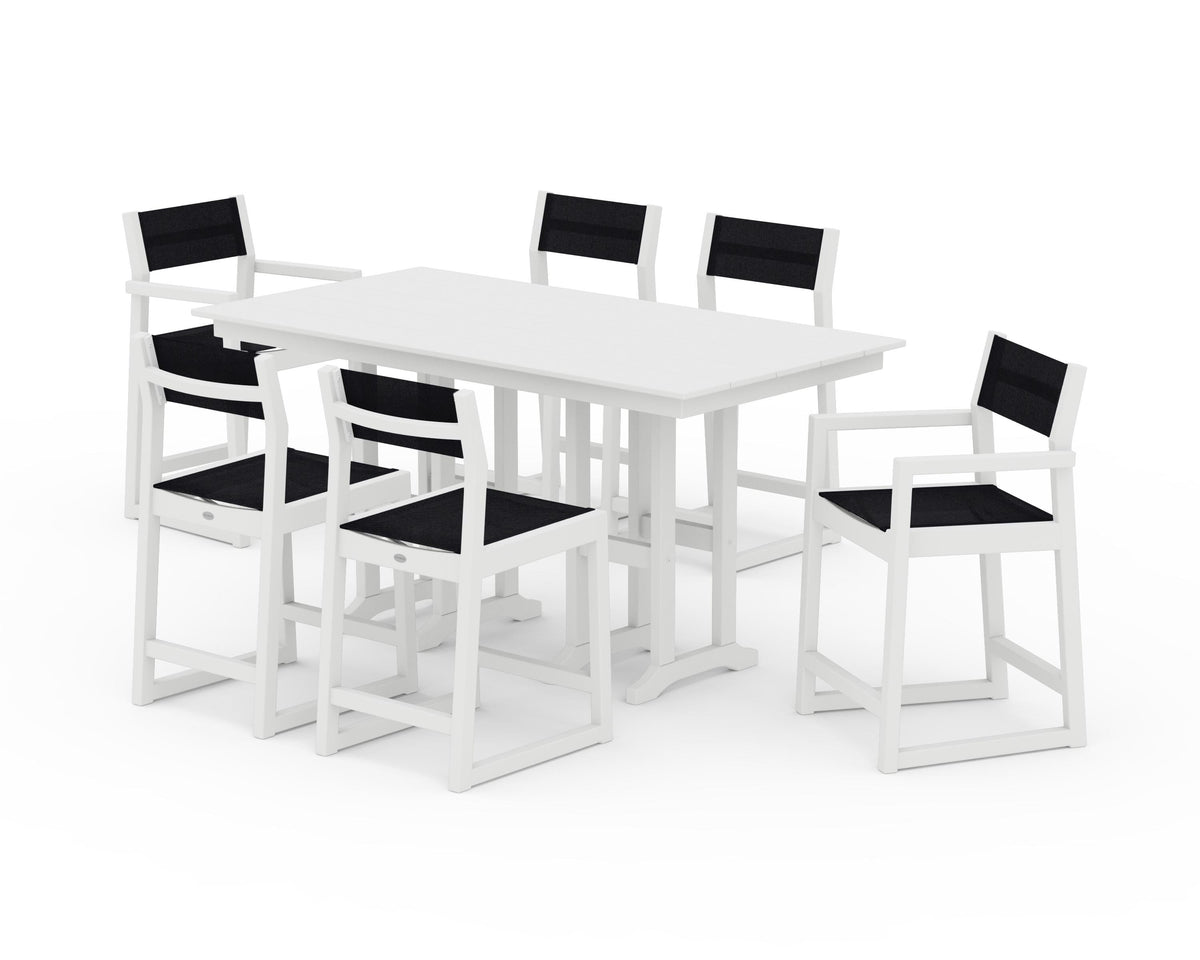 POLYWOOD EDGE Sling 7-Piece Farmhouse Counter Set with Trestle Legs in White / Black