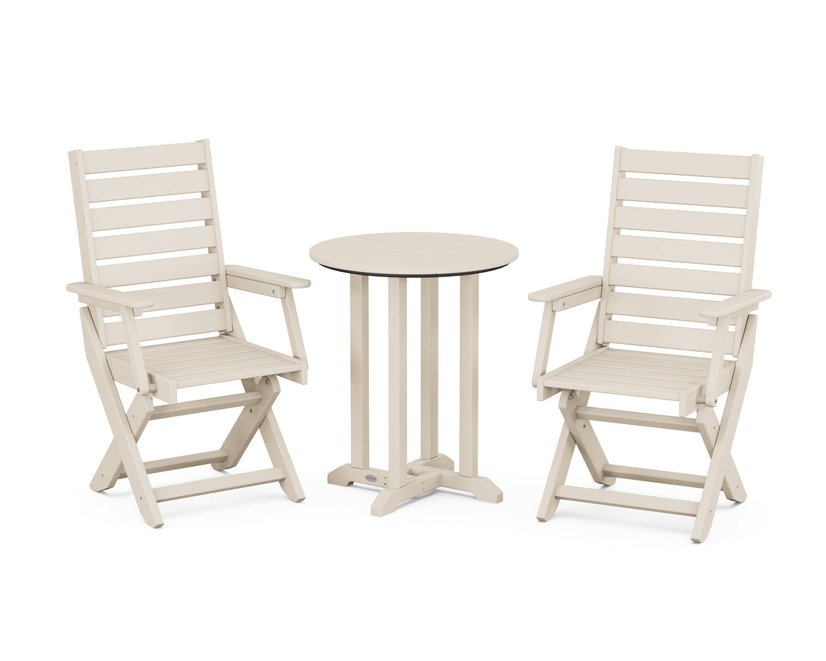 POLYWOOD Captain Folding Chair 3-Piece Round Bistro Dining Set in Sand