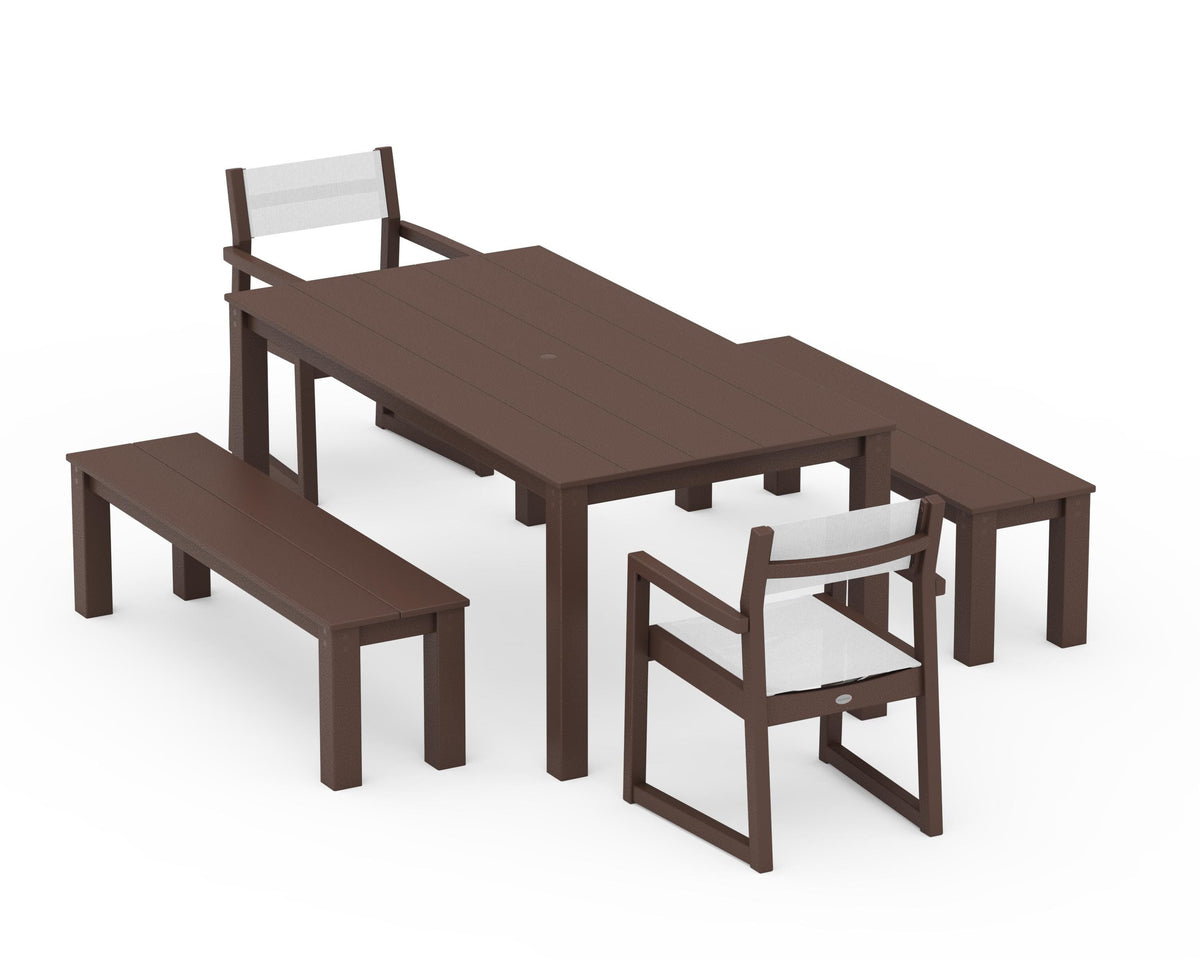 POLYWOOD EDGE Sling Arm Chair 5-Piece Parsons Dining Set with Benches in Mahogany / White