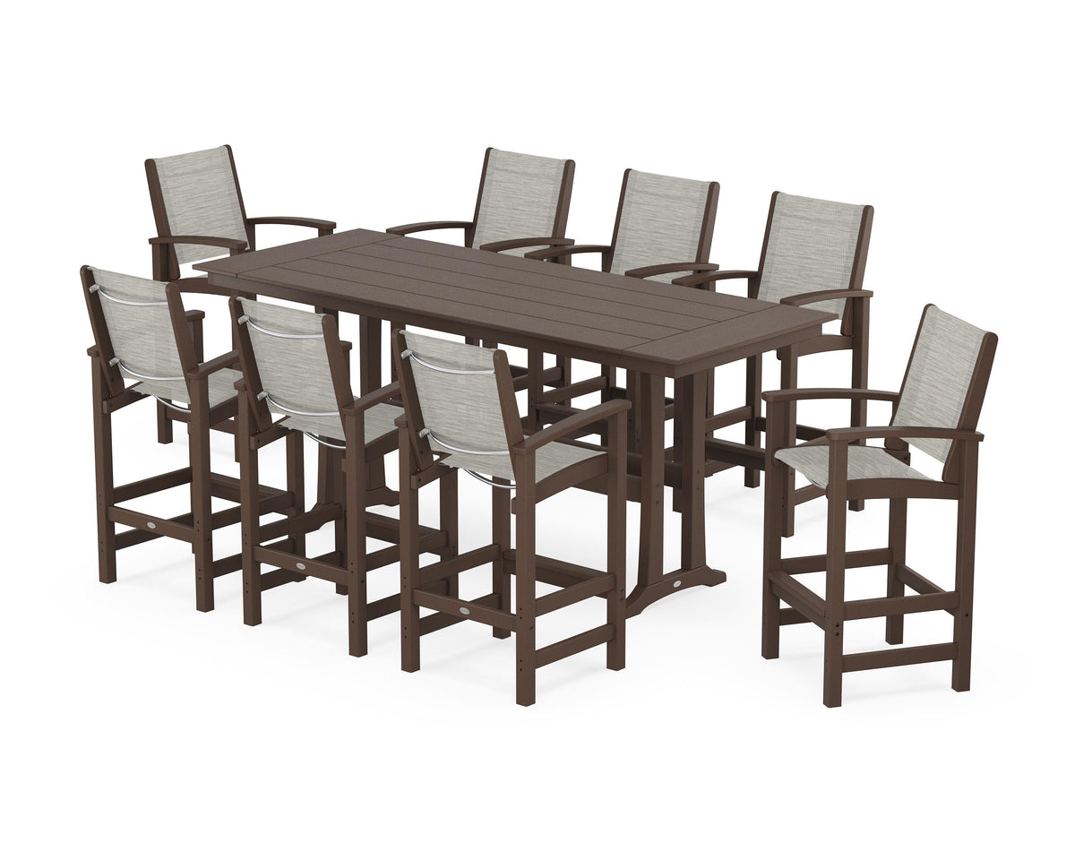 POLYWOOD Coastal 9-Piece Farmhouse Bar Set with Trestle Legs in Mahogany / Birch