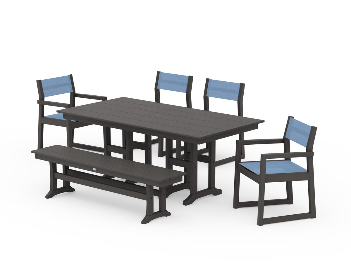 POLYWOOD EDGE Sling 6-Piece Farmhouse Dining Set in Vintage Coffee / Poolside