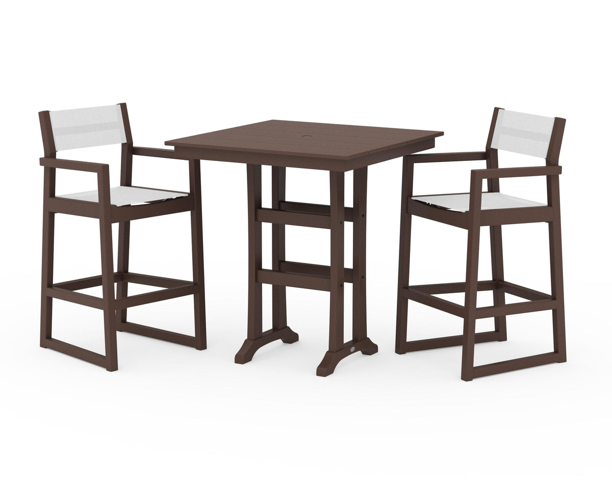 POLYWOOD EDGE Sling Arm Chair 3-Piece Farmhouse Bar Set with Trestle Legs in Mahogany / White