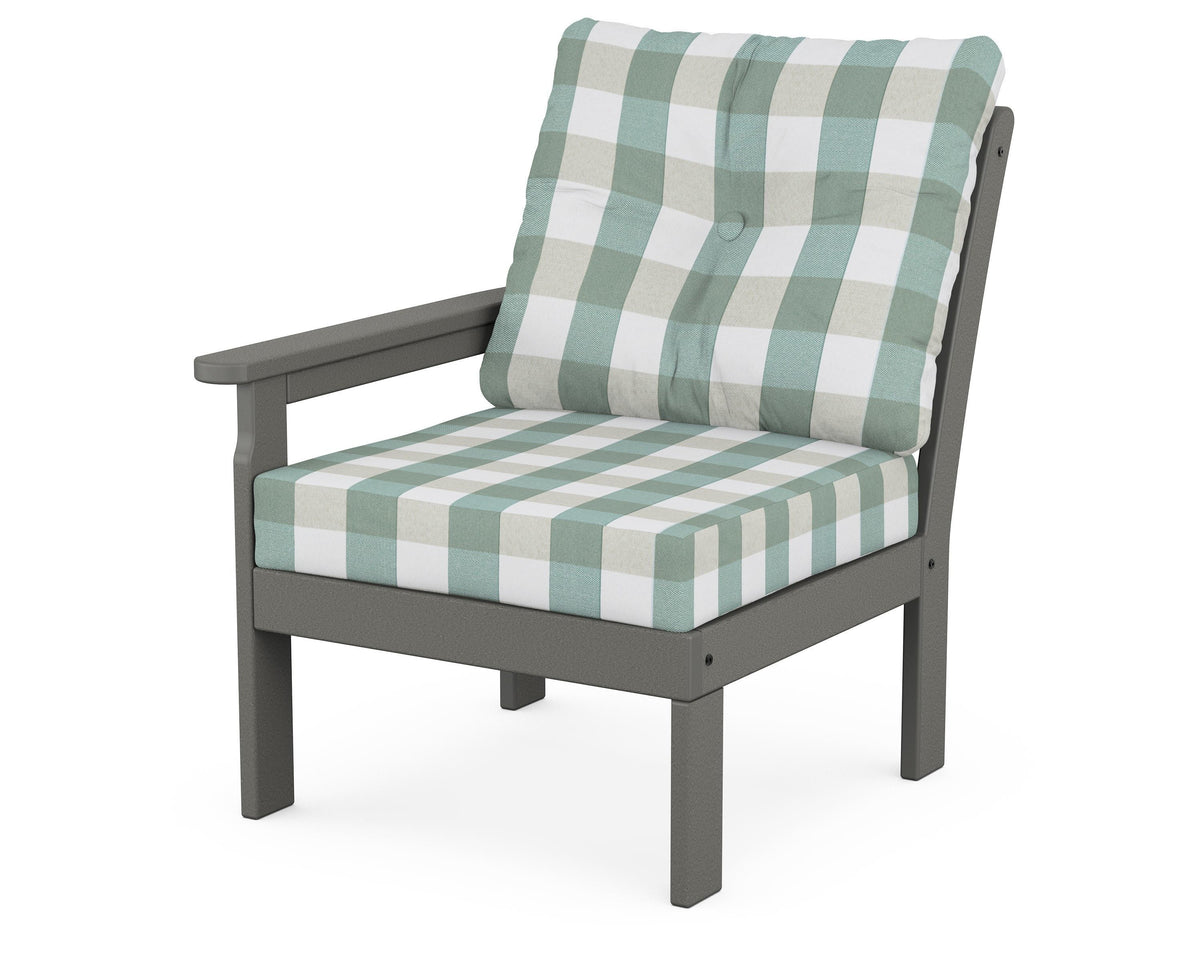 POLYWOOD Vineyard Modular Left Arm Chair in Slate Grey / Buffalo Plaid Glacier Spa