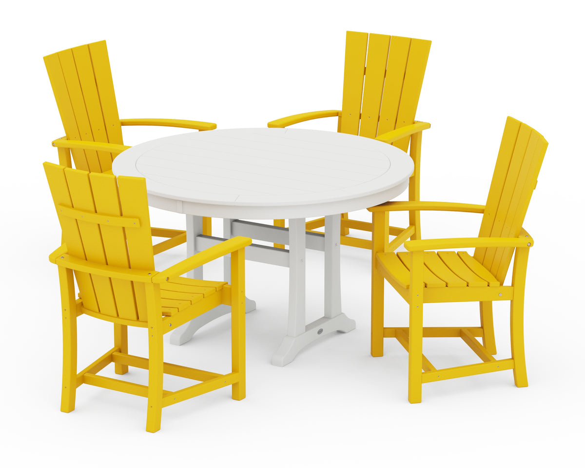 POLYWOOD Quattro 5-Piece Round Dining Set with Trestle Legs in Lemon / White