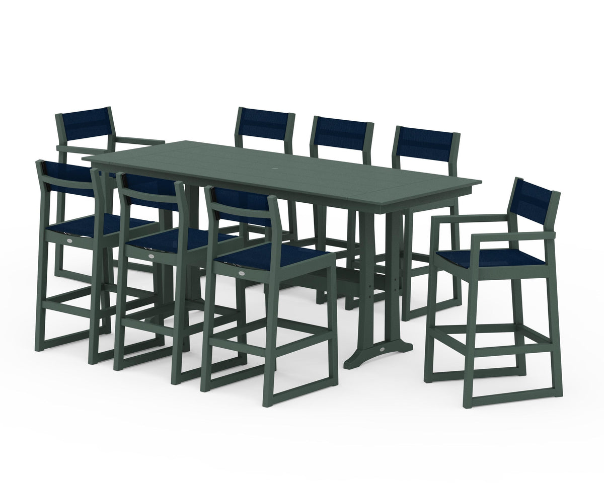 POLYWOOD EDGE Sling 9-Piece Farmhouse Bar Set with Trestle Legs in Green / Navy Blue