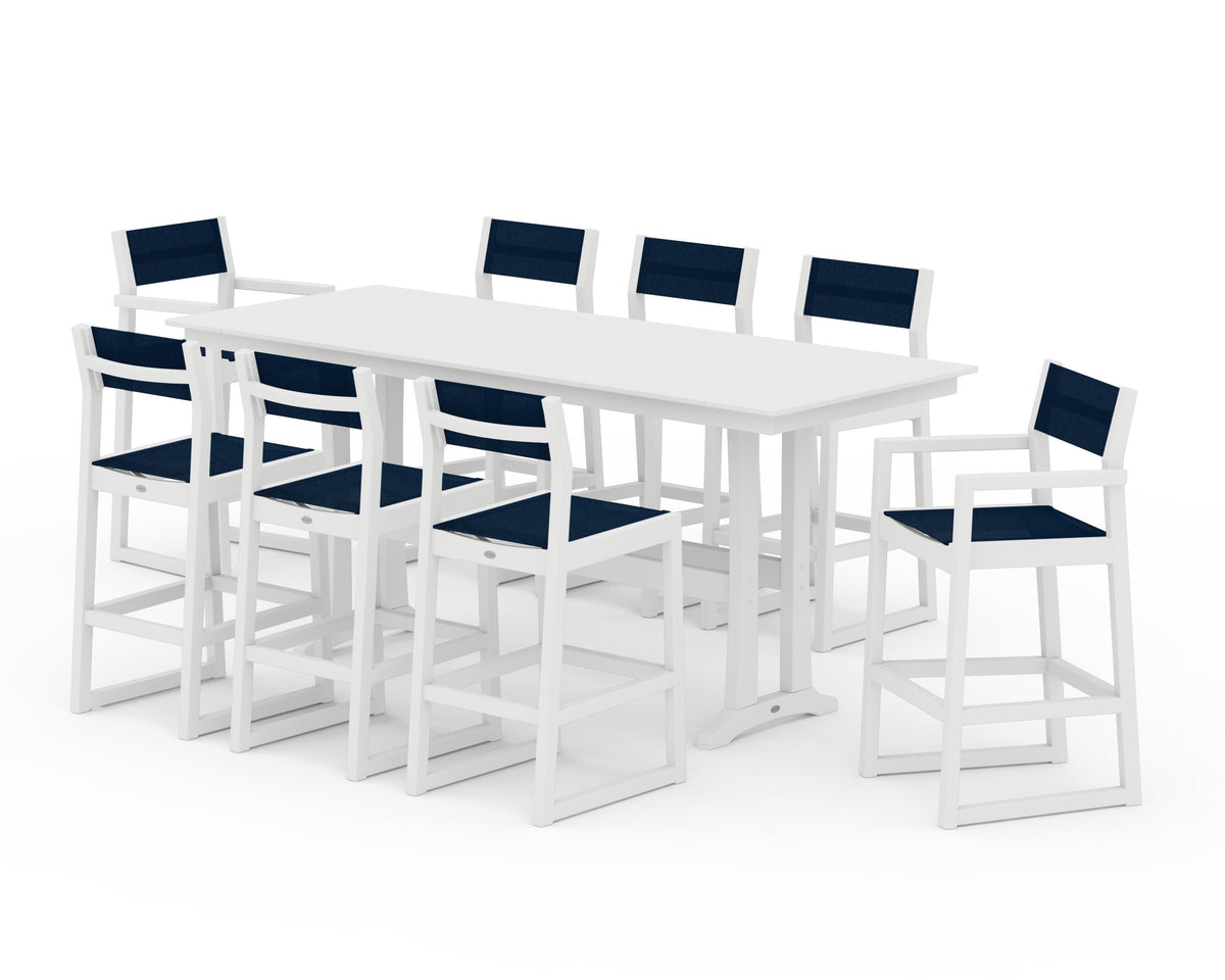 POLYWOOD EDGE Sling 9-Piece Farmhouse Bar Set with Trestle Legs in White / Navy Blue