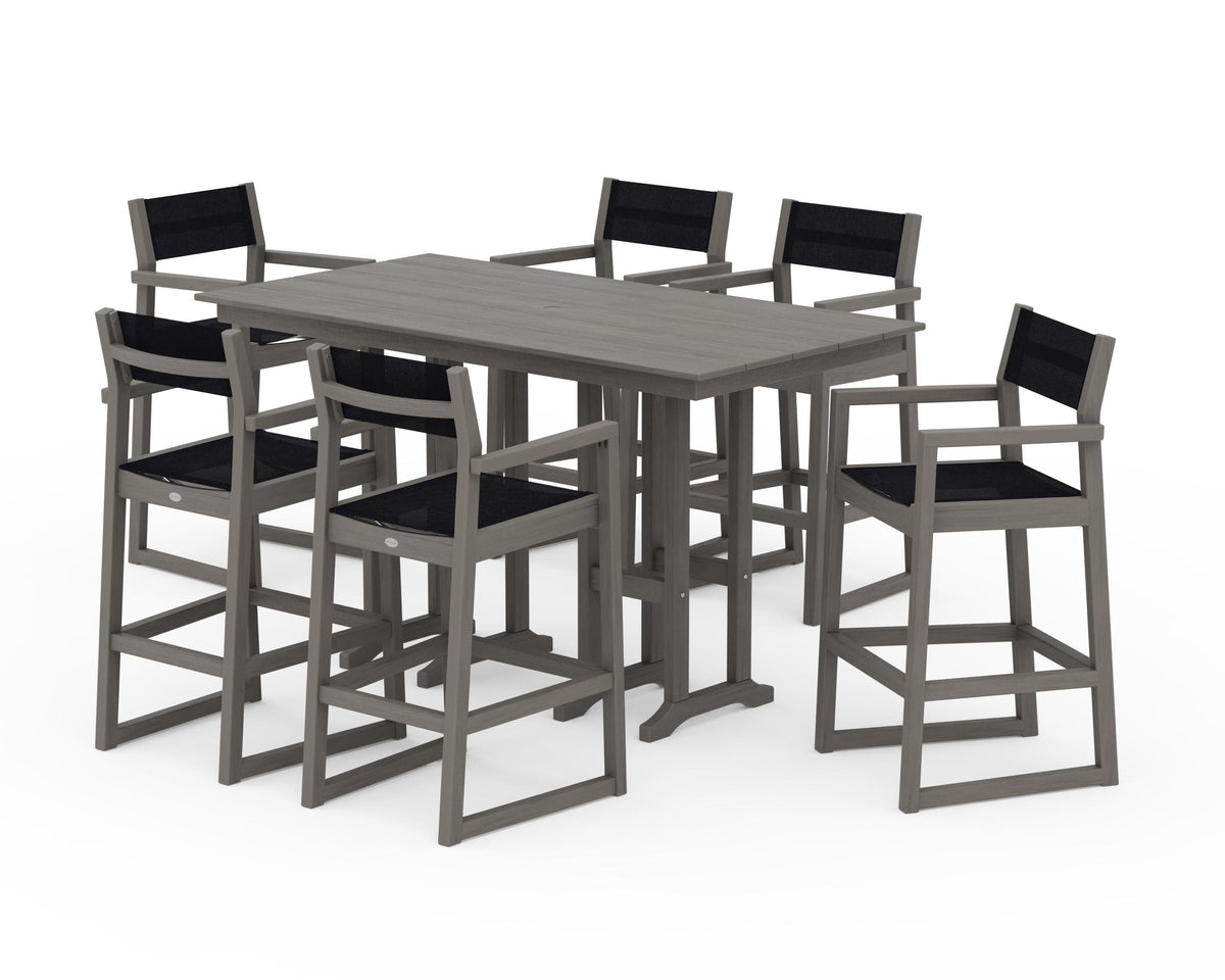POLYWOOD EDGE Sling Arm Chair 7-Piece Farmhouse Bar Set in Driftwood / Black