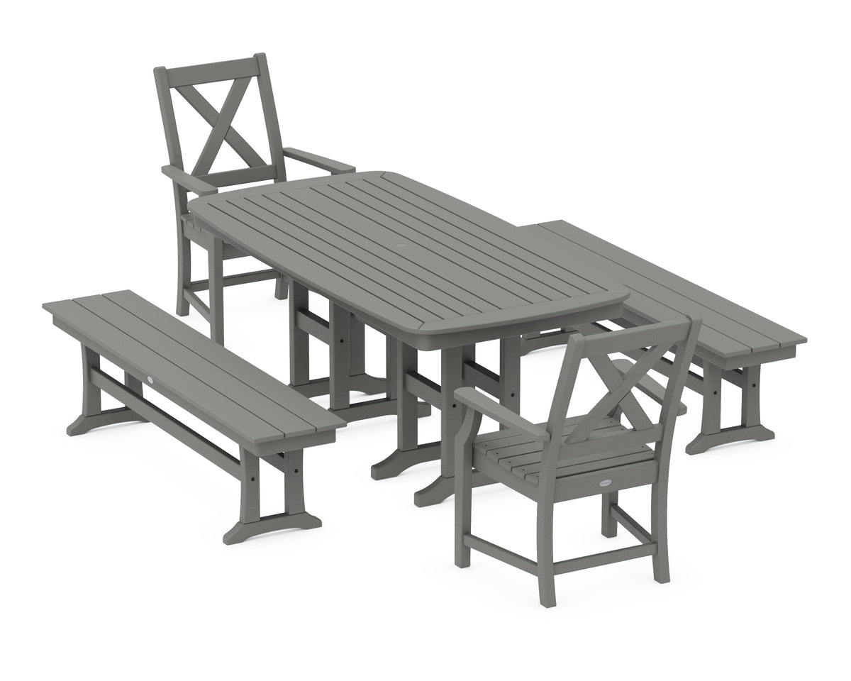 POLYWOOD Braxton 5-Piece Dining Set with Benches - 37" x 72" Table in Slate Grey