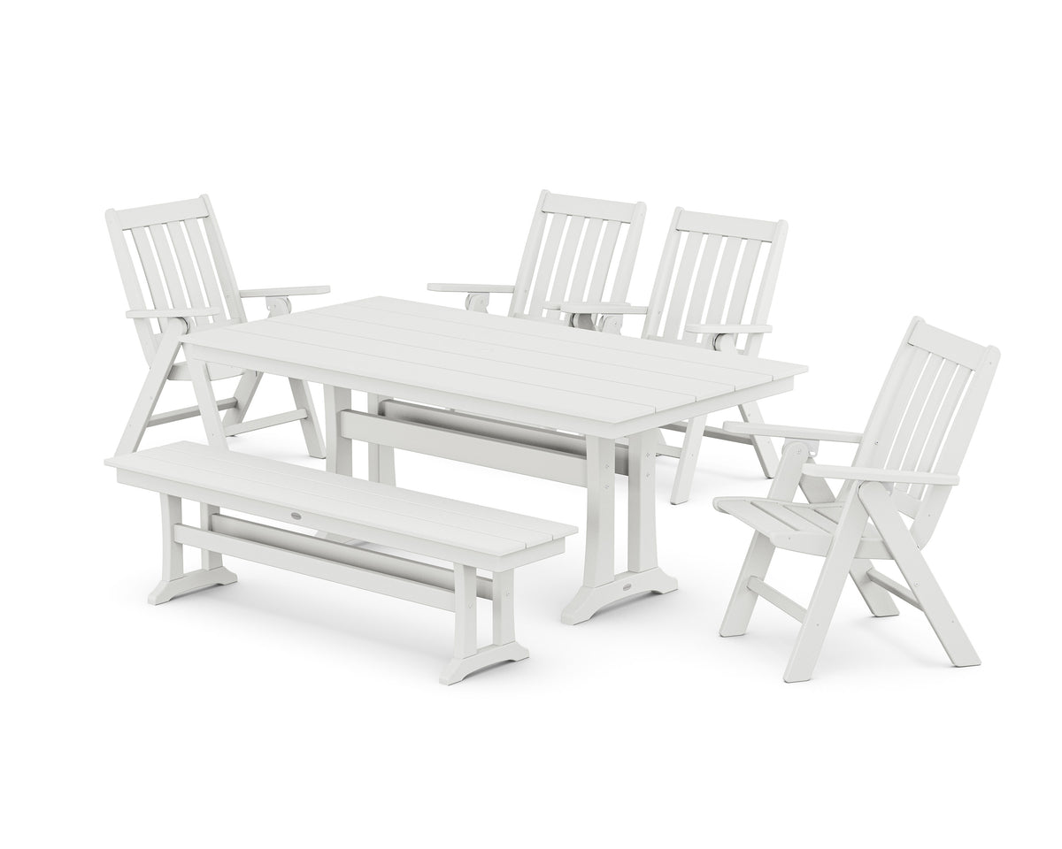 POLYWOOD Vineyard 6-Piece Folding Chair Farmhouse Dining Set with Trestle Legs and Bench in White