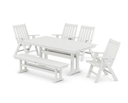 POLYWOOD Vineyard 6-Piece Folding Chair Farmhouse Dining Set with Trestle Legs and Bench in White