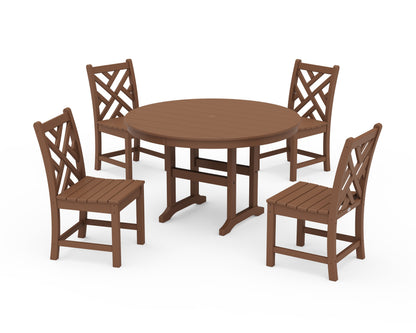 POLYWOOD Chippendale 5-Piece Round Farmhouse Side Chair Dining Set in Teak
