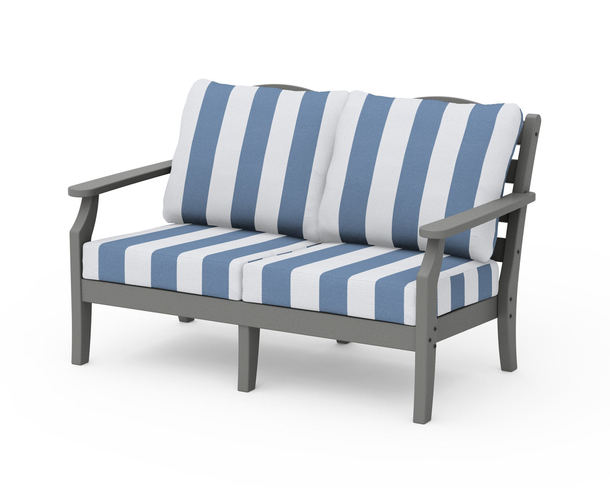 POLYWOOD Savannah Deep Seating Loveseat in Slate Grey / Cabana Stripe Sky Blue