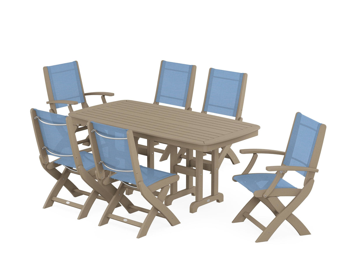 POLYWOOD Coastal Folding Chair 7-Piece Dining Set in Vintage Sahara / Poolside