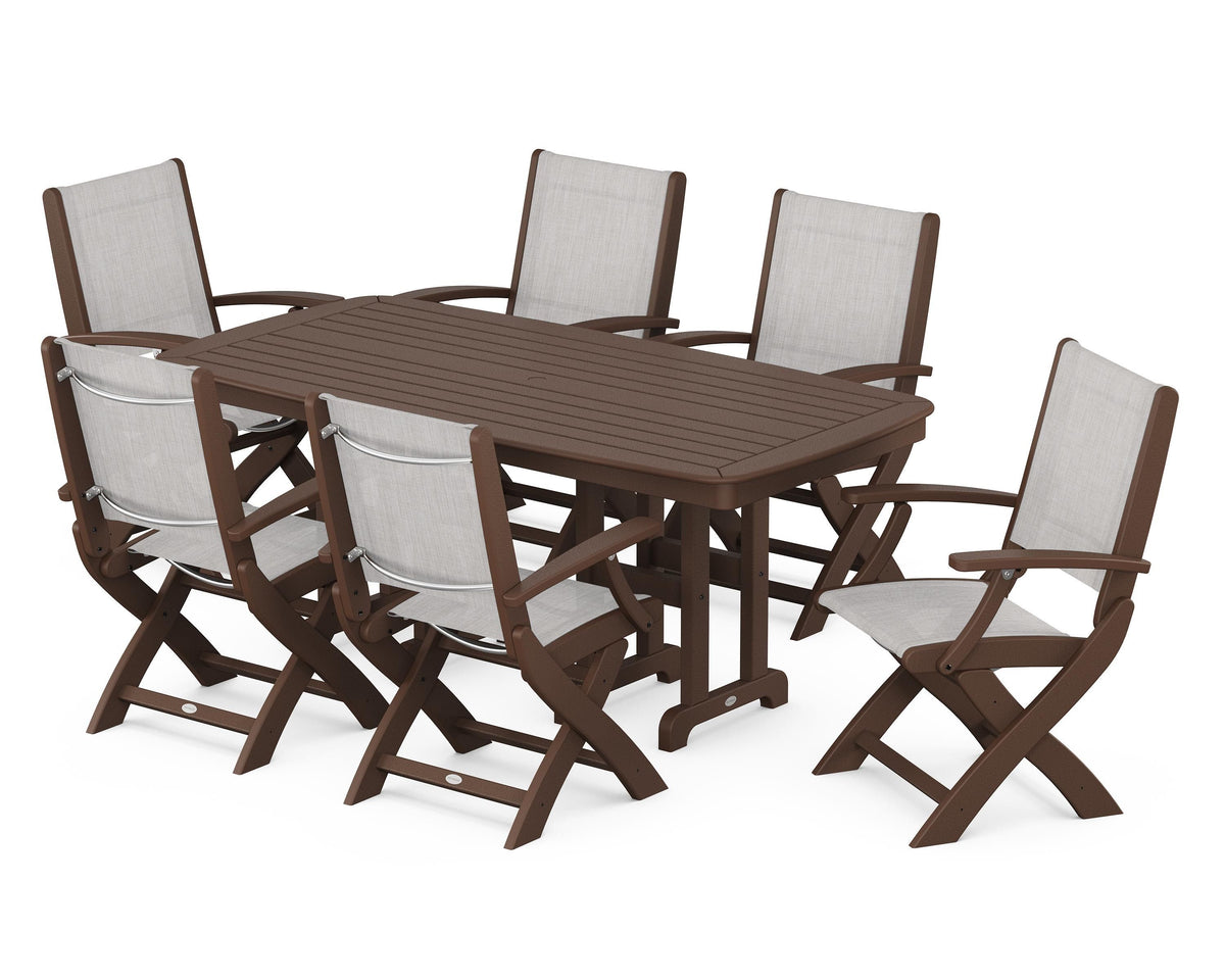 POLYWOOD Coastal Folding Arm Chair 7-Piece Dining Set in Mahogany / Parchment