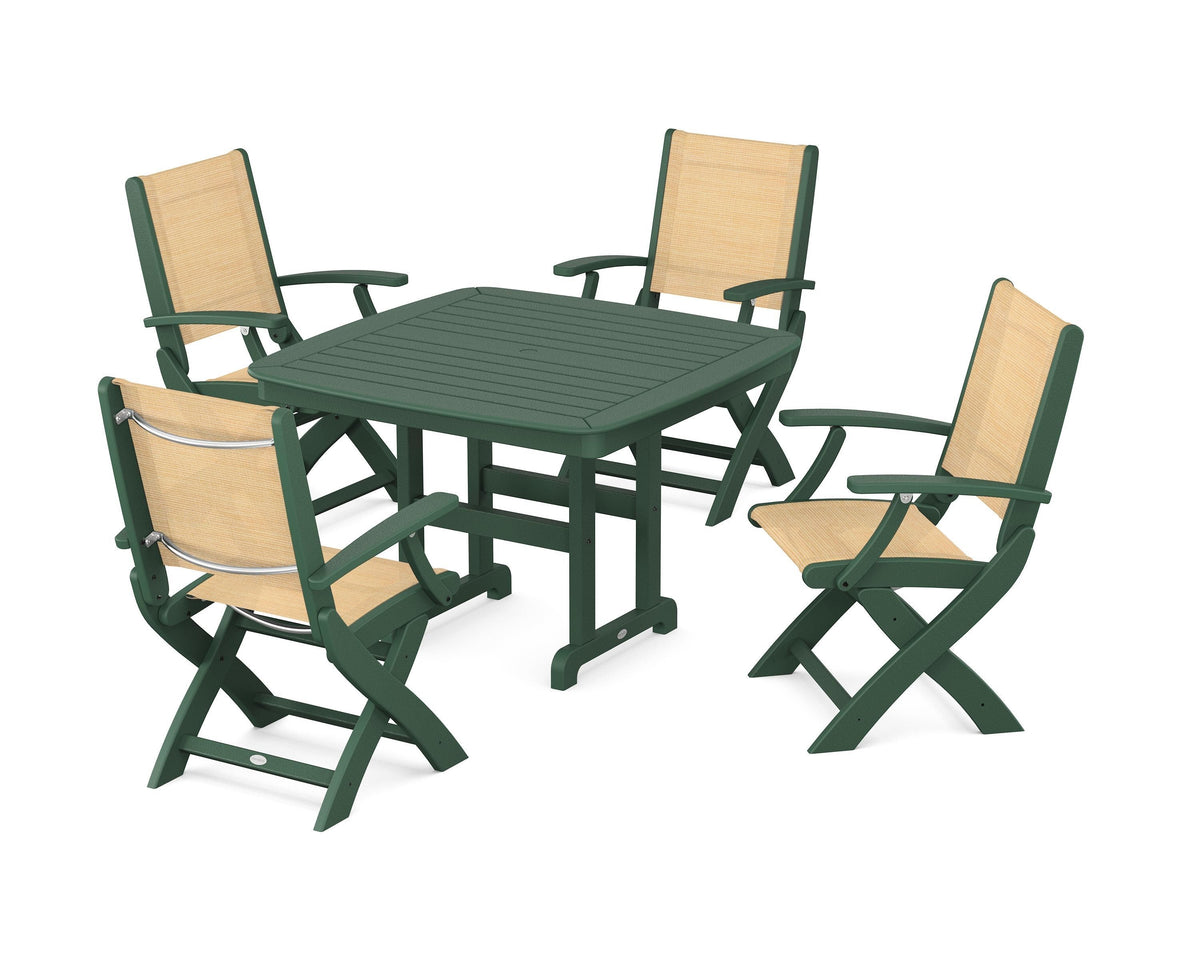 POLYWOOD Coastal Folding Chair 5-Piece Dining Set with Nautical 44" Dining Table in Green / Dupioni Apricot