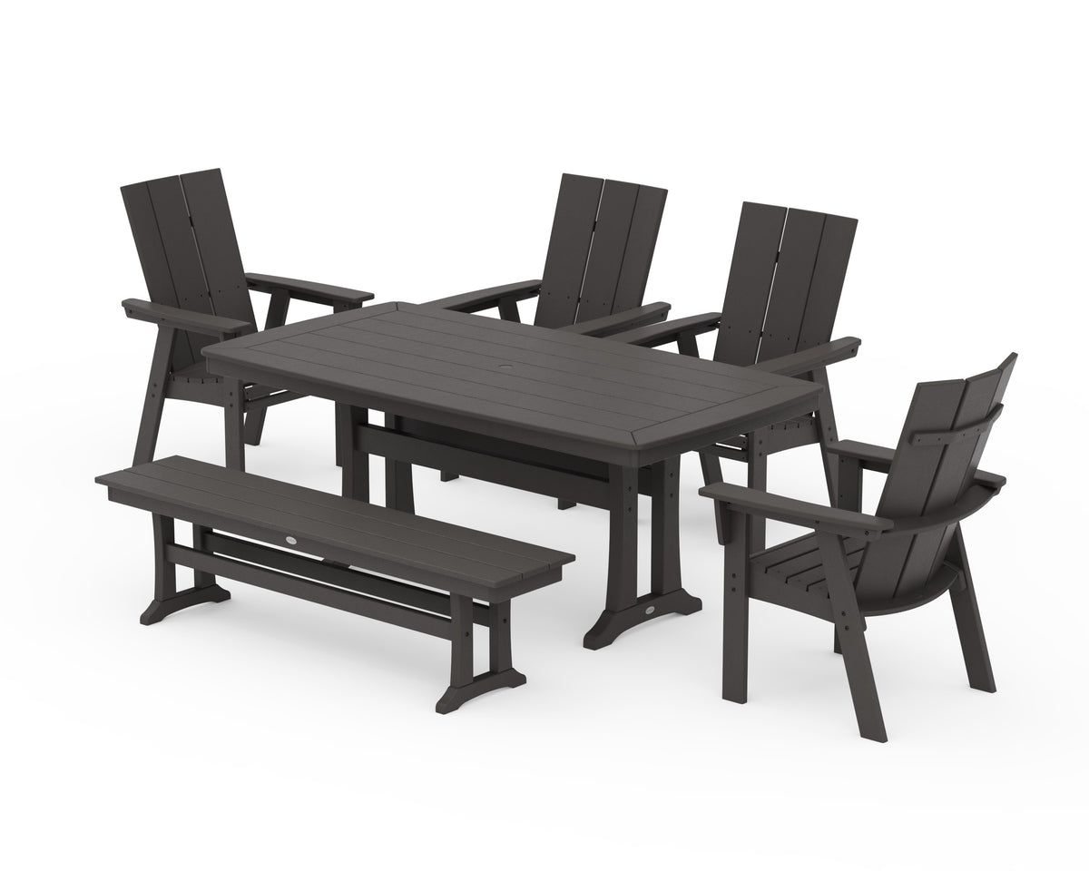 POLYWOOD Modern Curveback Adirondack 6-Piece Farmhouse Dining Set with Trestle Legs and Bench - 38" x 73" Table in Vintage Coffee