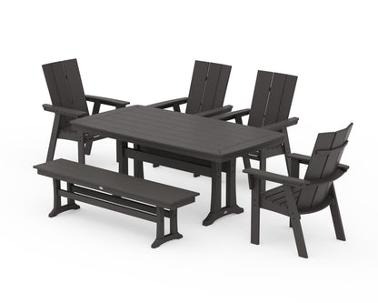 POLYWOOD Modern Curveback Adirondack 6-Piece Farmhouse Dining Set with Trestle Legs and Bench - 38" x 73" Table in Vintage Coffee