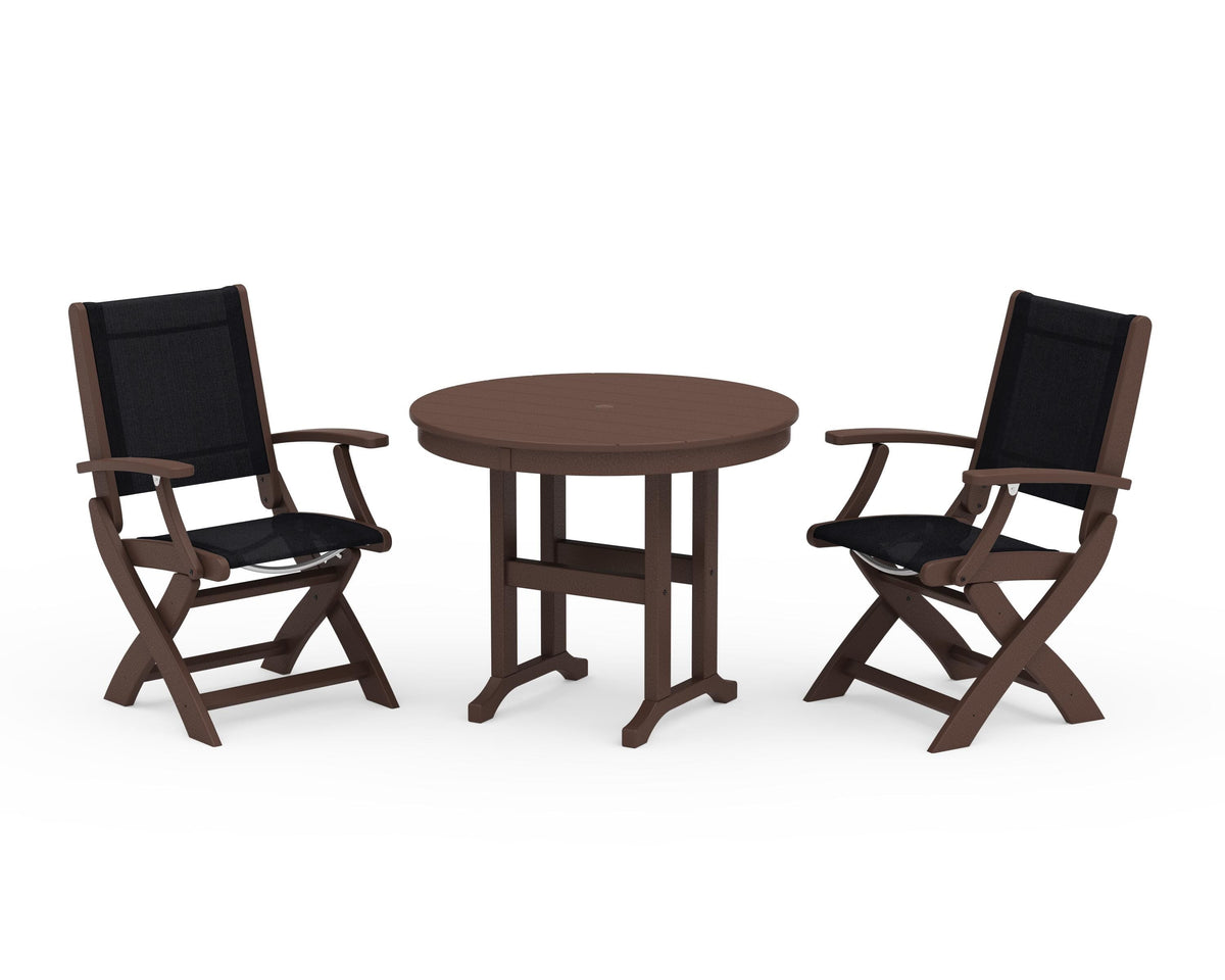 POLYWOOD Coastal Folding Chair 3-Piece Round Dining Set in Mahogany / Black