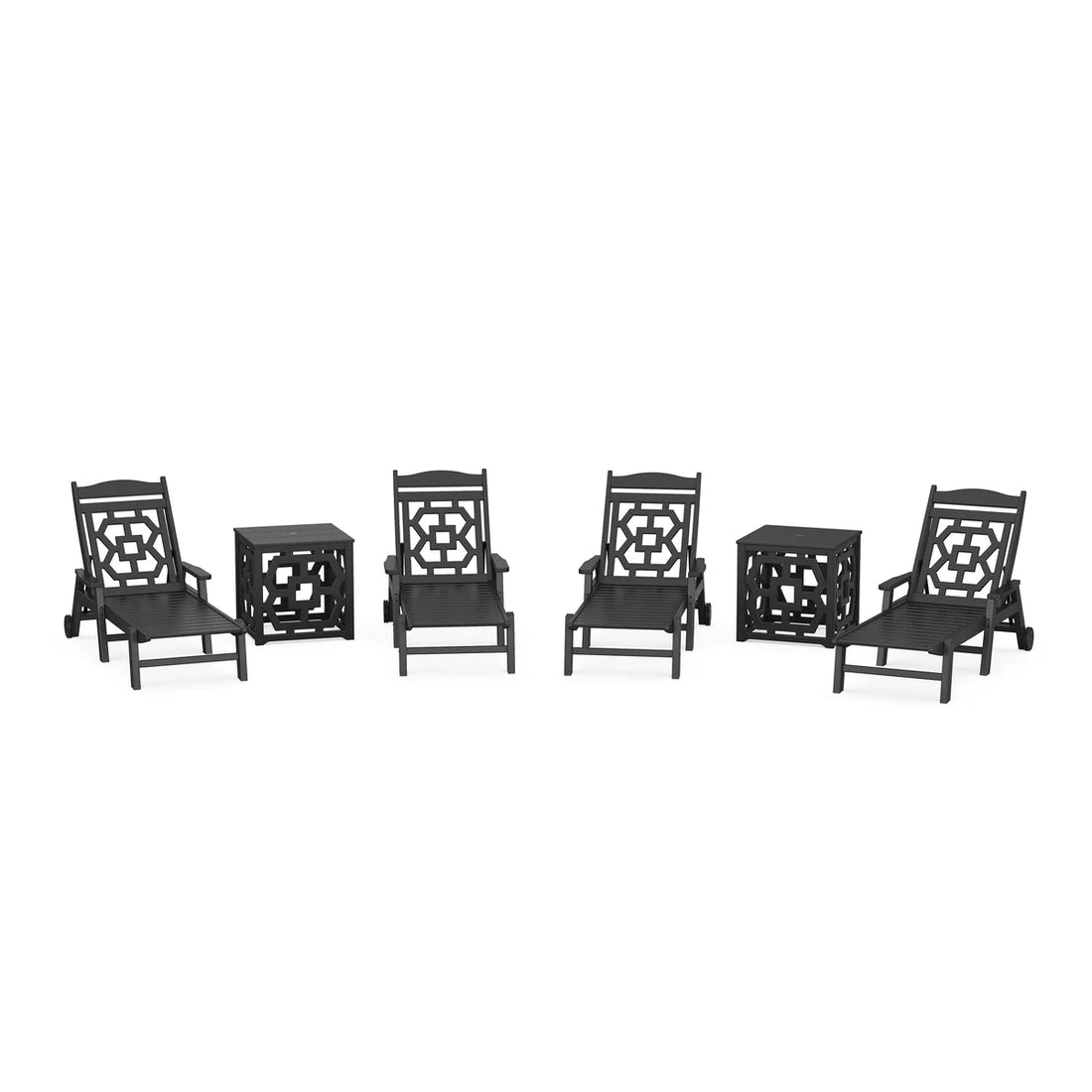 POLYWOOD Chinoiserie 6-Piece Chaise Set with Umbrella Stand Accent Table