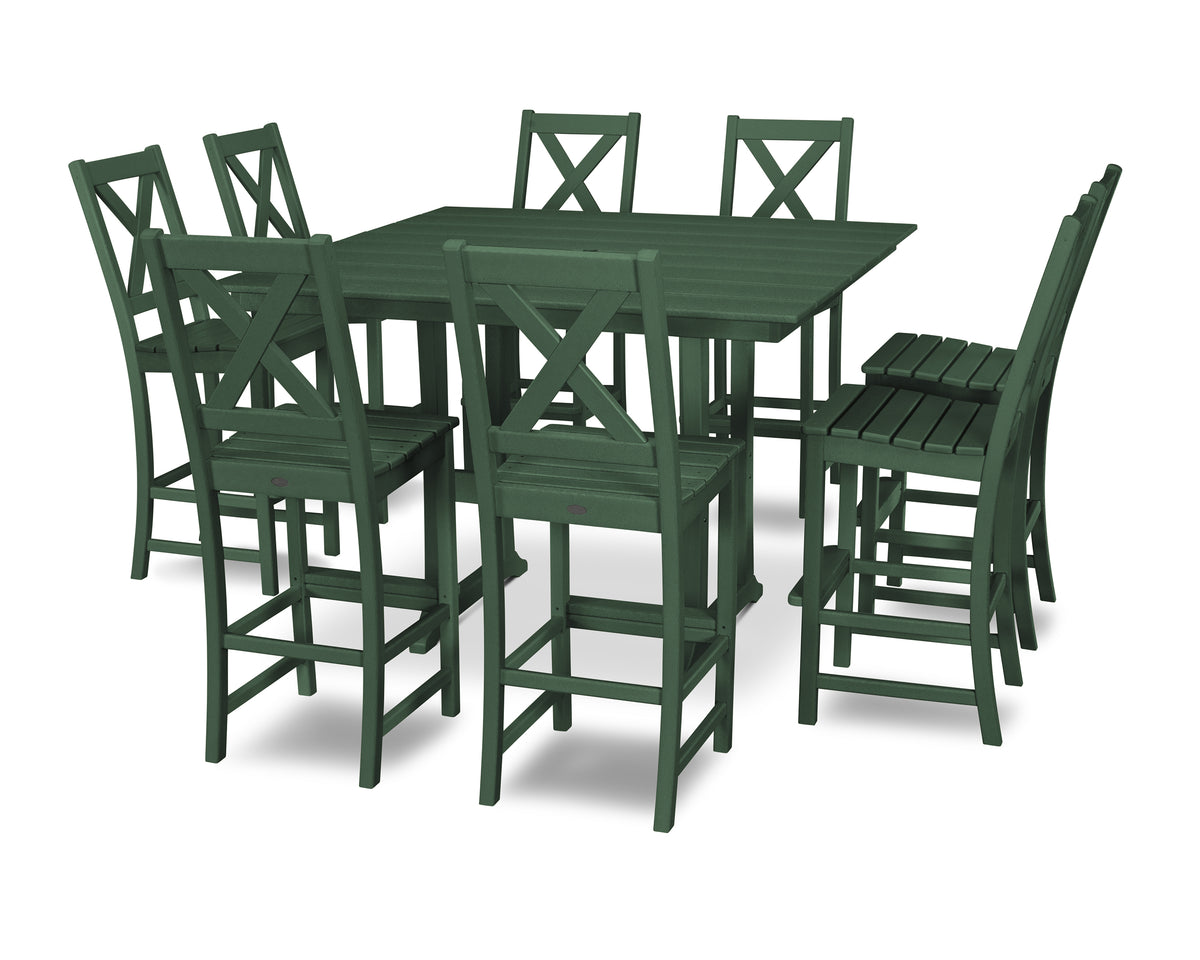 POLYWOOD Braxton 9-Piece Farmhouse Trestle Bar Set in Green