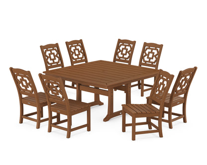 POLYWOOD Chinoiserie 9-Piece Square Side Chair Dining Set with Trestle Legs in Teak