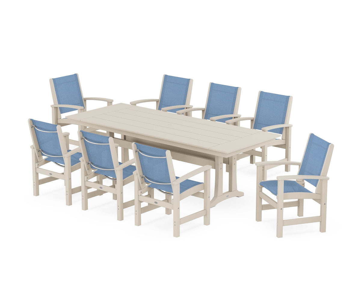 POLYWOOD Coastal 9-Piece Farmhouse Dining Set with Trestle Legs in Sand / Poolside