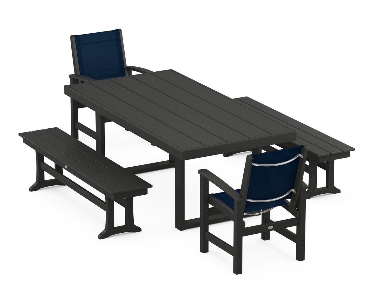 POLYWOOD Coastal 5-Piece Dining Set with Trestle Legs with EDGE 40" x 78" Dining Table in Black / Navy Blue