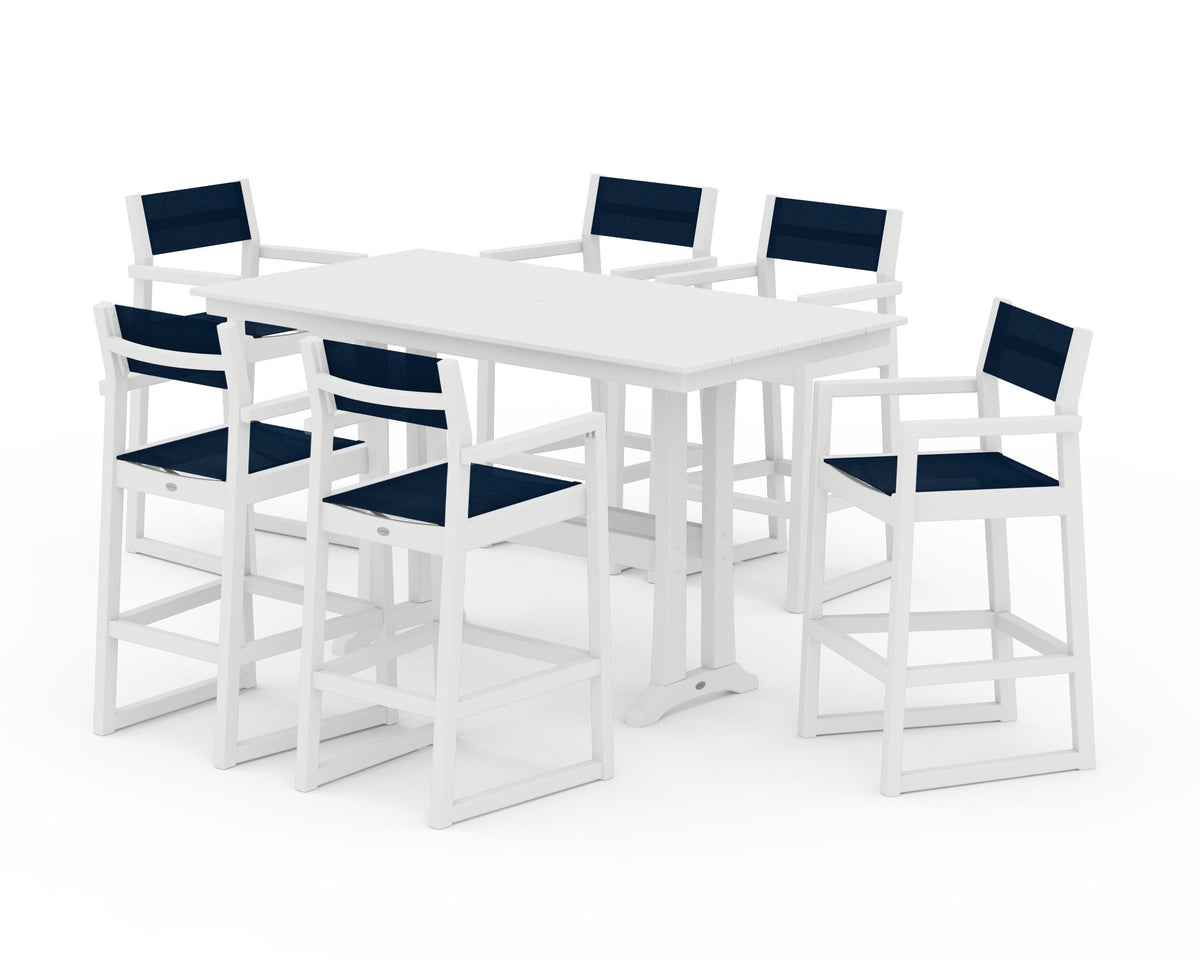 POLYWOOD EDGE Sling Arm Chair 7-Piece Farmhouse Bar Set with Trestle Legs in White / Navy Blue