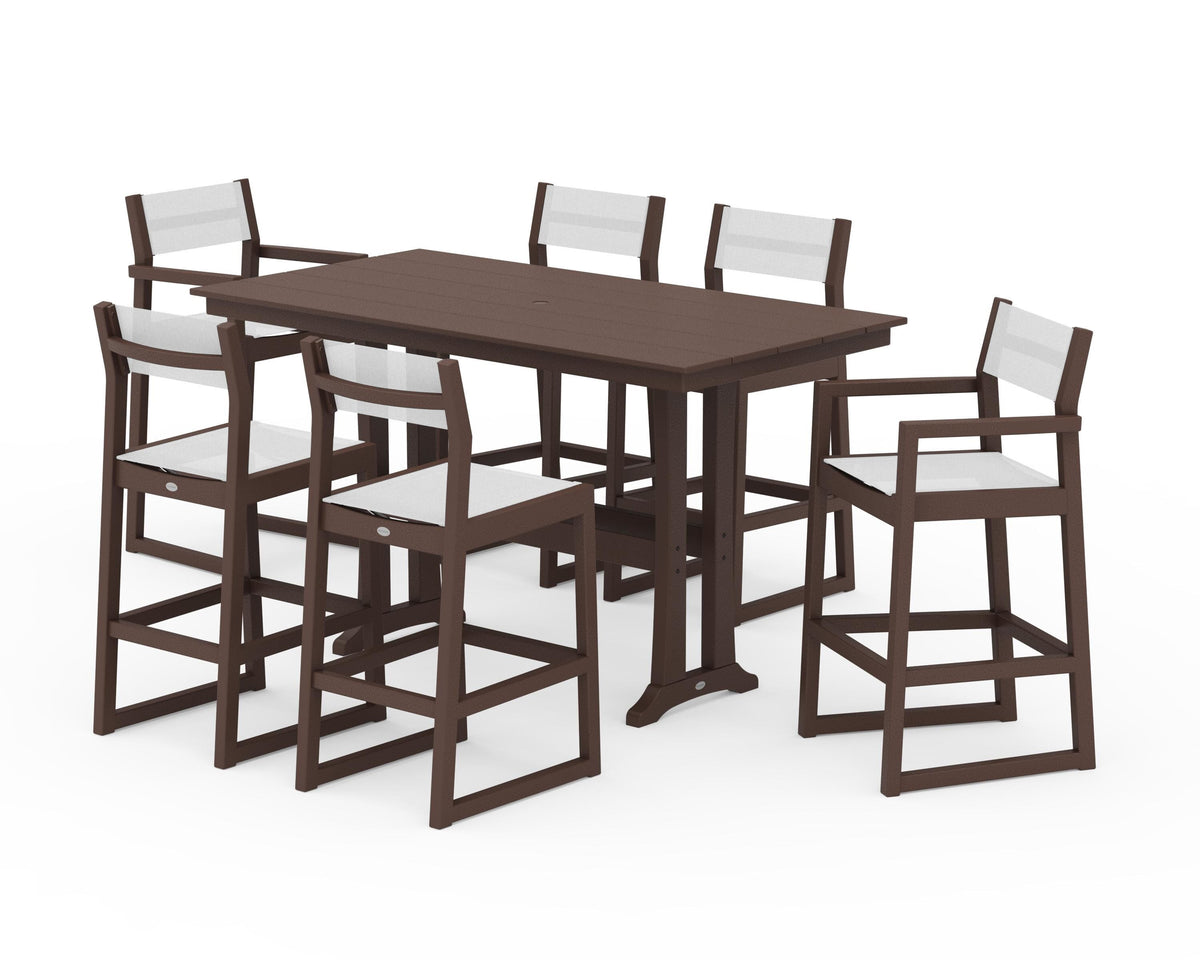 POLYWOOD EDGE Sling 7-Piece Farmhouse Bar Set with Trestle Legs in Mahogany / White
