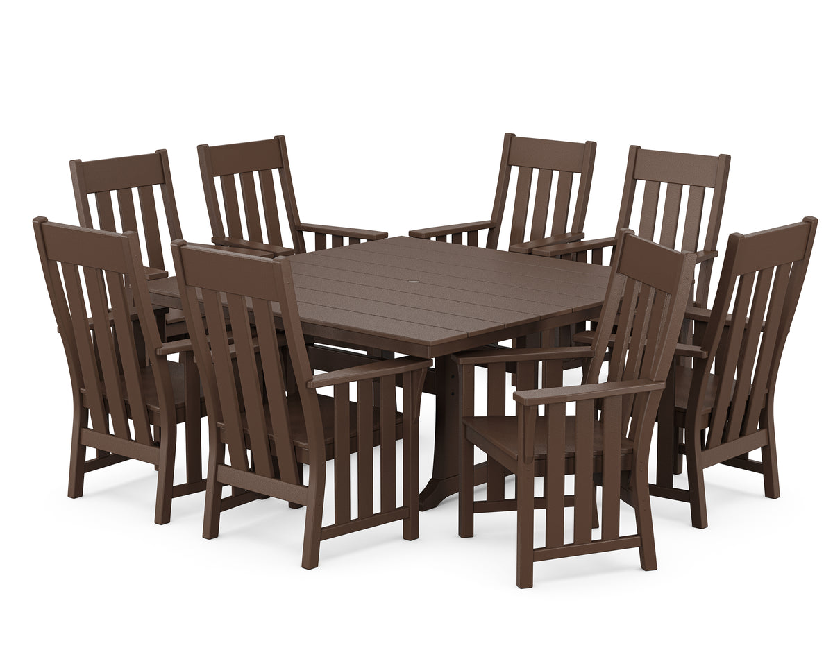 POLYWOOD Acadia 9-Piece Square Farmhouse Dining Set with Trestle Legs in Mahogany