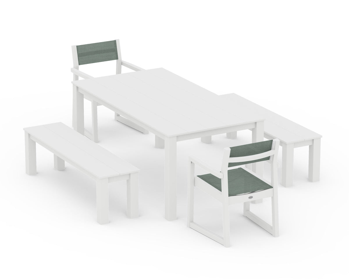 POLYWOOD EDGE Sling Arm Chair 5-Piece Parsons Dining Set with Benches in White / Dupioni Sea Mist