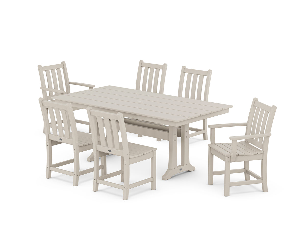 POLYWOOD Traditional Garden 7-Piece Farmhouse Dining Set with Trestle Legs in Sand