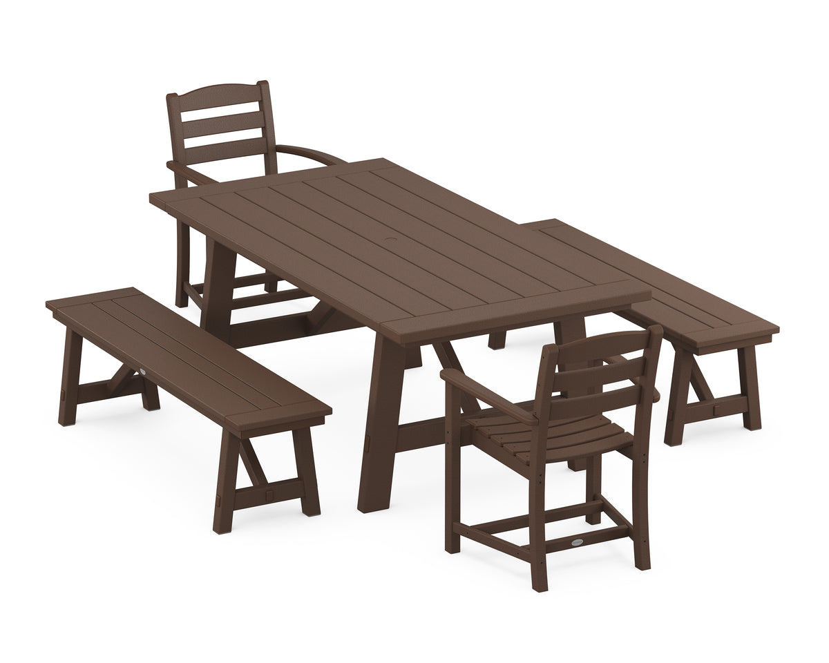 POLYWOOD La Casa Café 5-Piece Rustic Farmhouse Dining Set with Benches in Mahogany