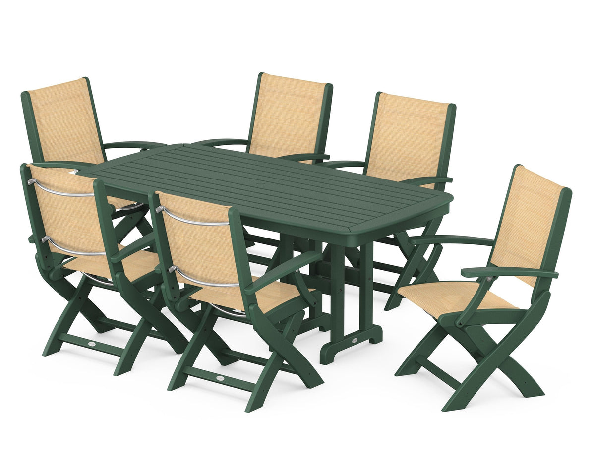 POLYWOOD Coastal Folding Arm Chair 7-Piece Dining Set in Green / Dupioni Apricot