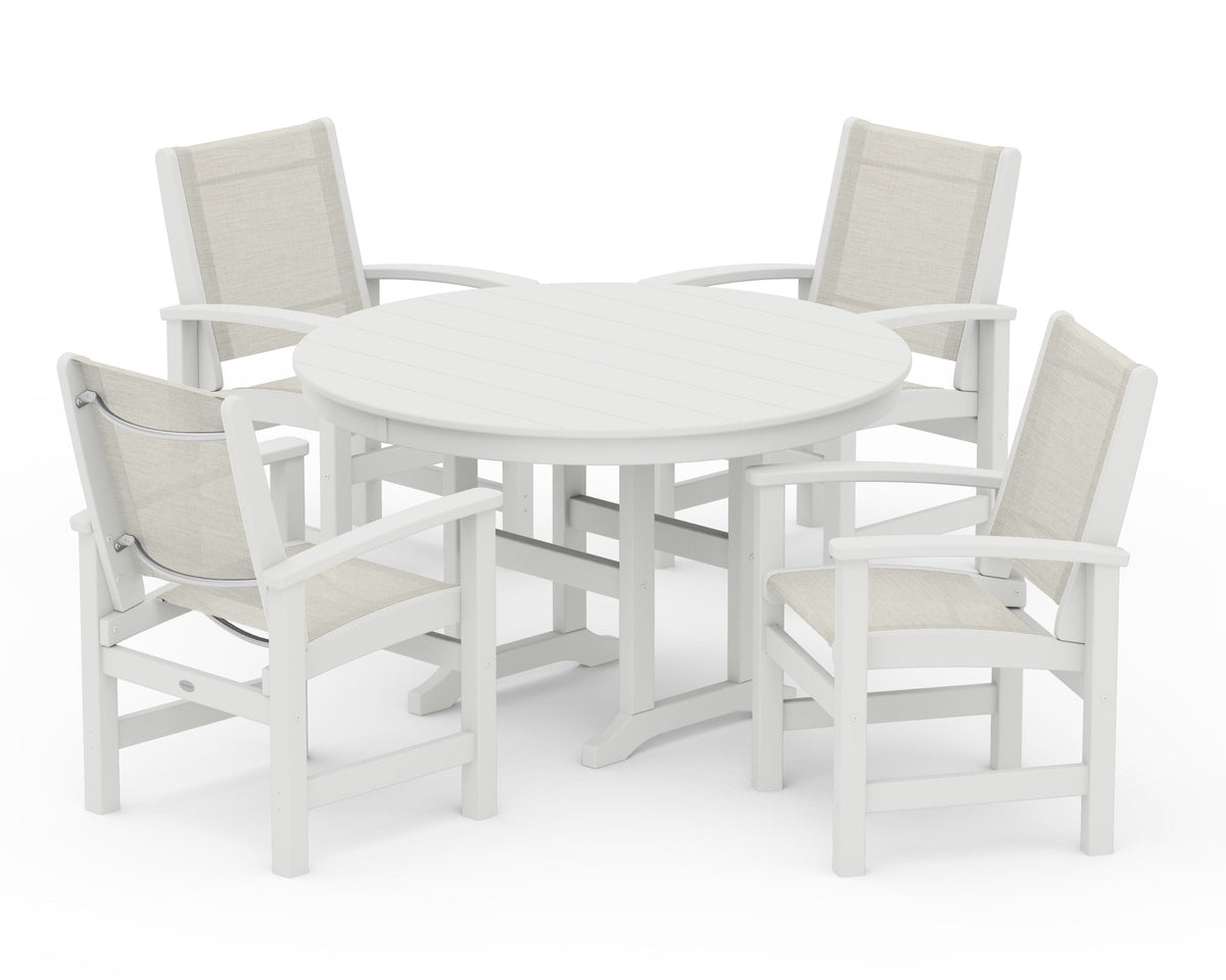 POLYWOOD Coastal 5-Piece Round Farmhouse Dining Set in Vintage White / Parchment