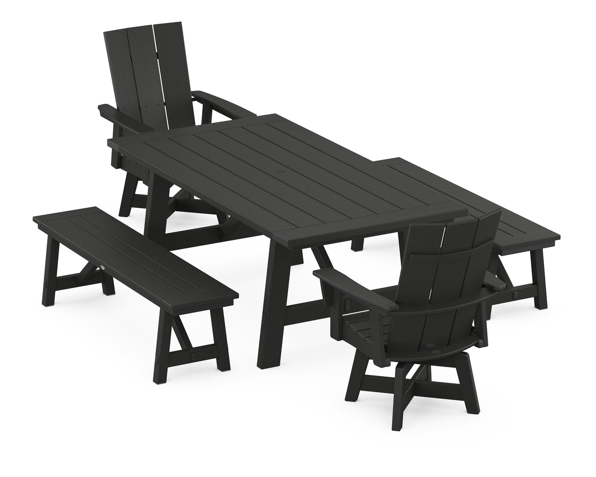 POLYWOOD Modern Curveback Adirondack Swivel Chair 5-Piece Rustic Farmhouse Dining Set with Benches in Black
