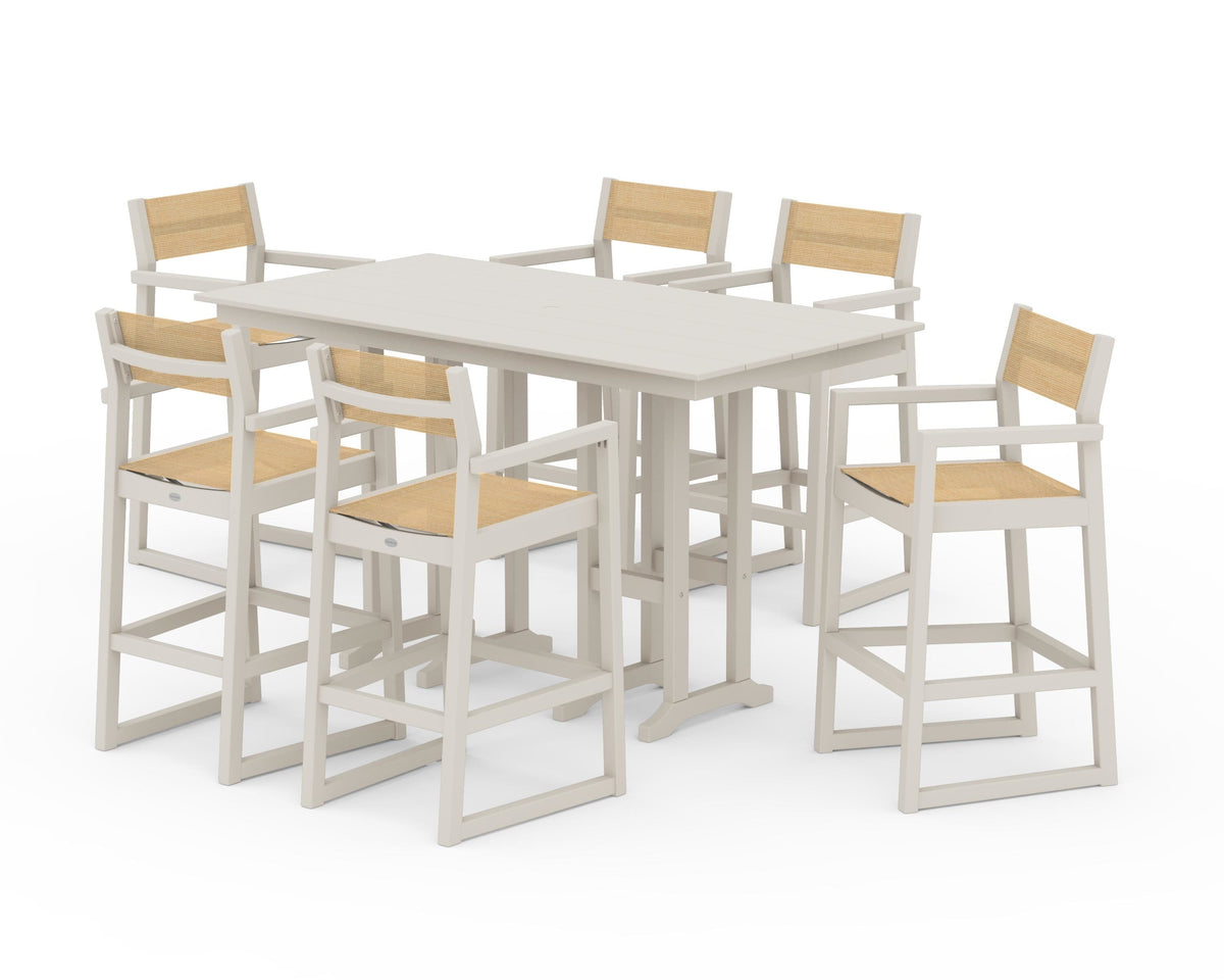 POLYWOOD EDGE Sling Arm Chair 7-Piece Farmhouse Bar Set in Sand / Dupioni Apricot